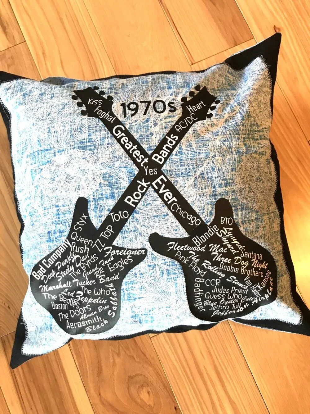 Handmade Pillow Cover, 1970s Rock Bands Guitars Music Room Decor 18 x 18 inches